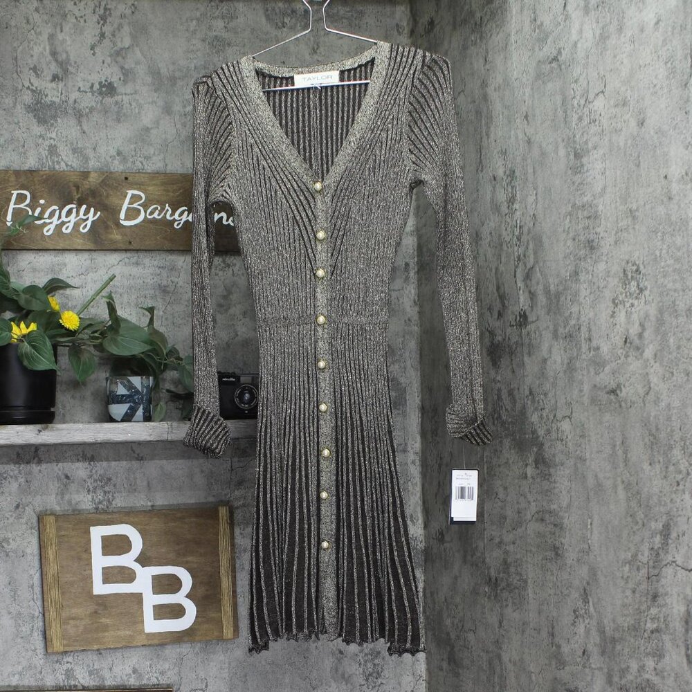 NWT Taylor Womens Petite Metallic Fit Flare Sweater Dress 6750P Brown / Gold PM - Picture 5 of 9